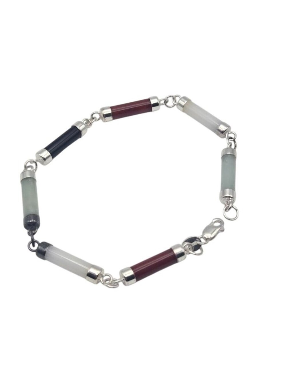 Vintage Semi Precious Gemstone Barrel Link Sterling Silver Bracelet 7.5" Jade On